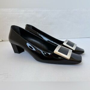 Roger Vivier Black Patent Leather Belle Pumps Buckle Heels Shoes 39.5 Classic
